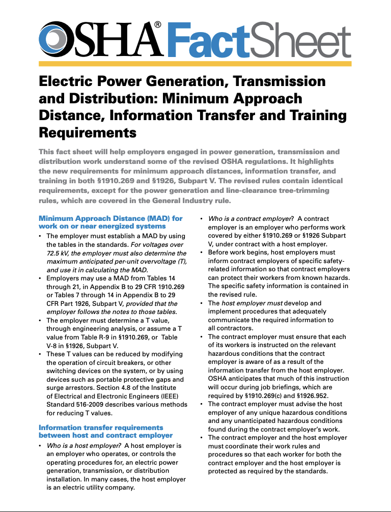 OSHA 3873 Fact Sheet – Minimum Approach Distance and Training Requirements